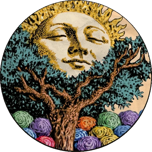 Oráculo Cromático — selo com sol sereno, árvore e jardim cromático