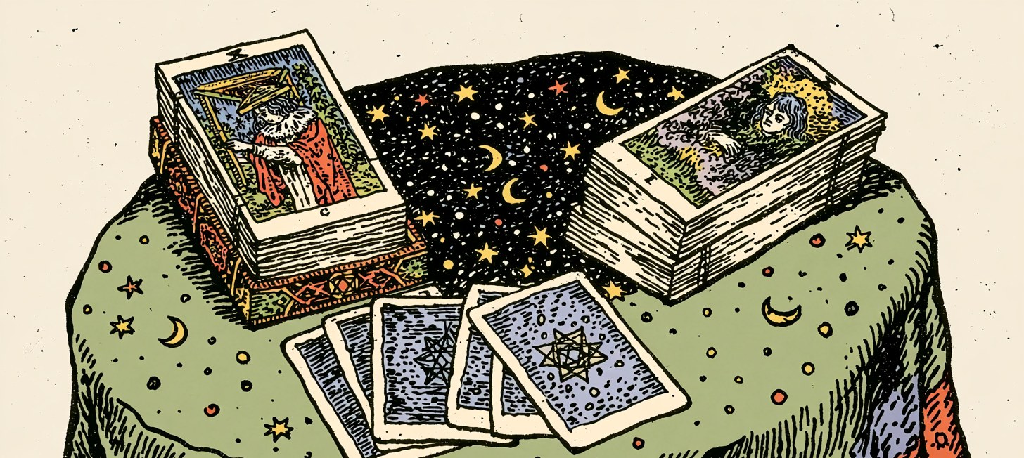 Gravura antiga: mesa de leitura com dois baralhos e cartas abertas